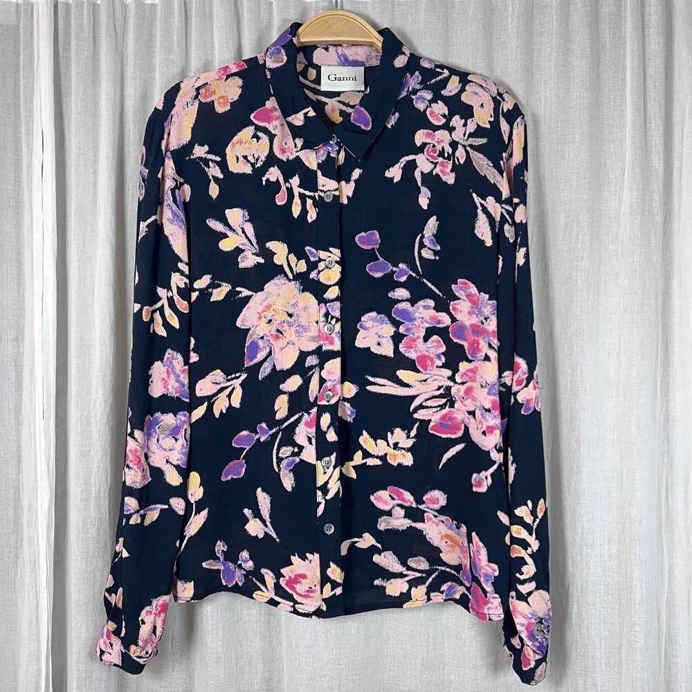 Ganni Floral Black Pink Button Down Long Sleeve Shirt